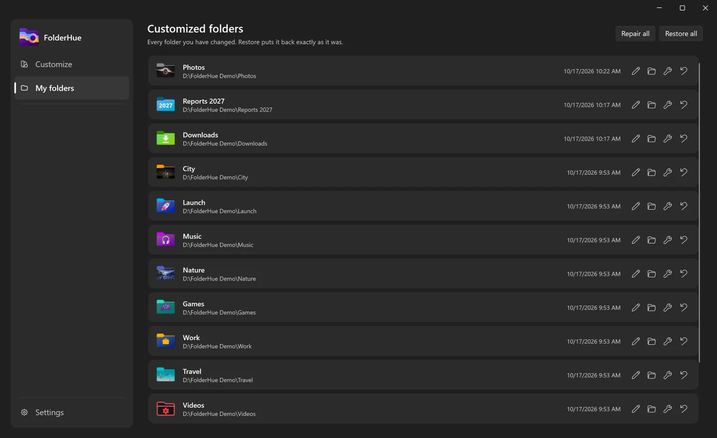 The My folders page in FolderHue, listing every changed folder