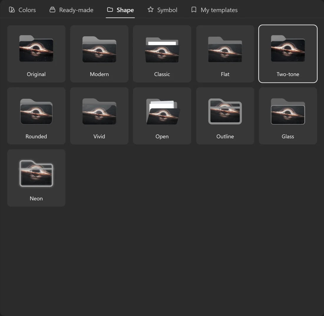 One photo shown in all eleven FolderHue folder styles